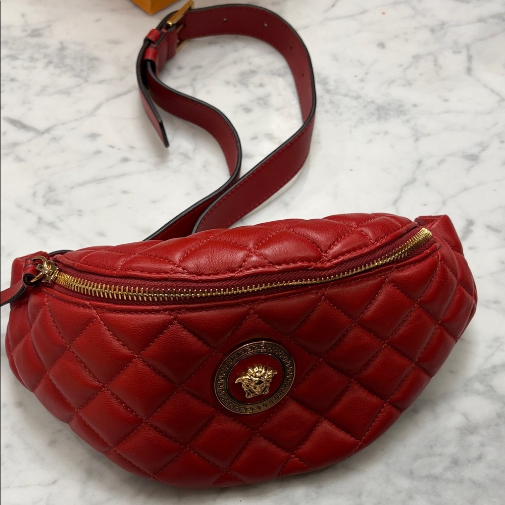 Red Quilted Leather Belt Bag with Medallion Hardware